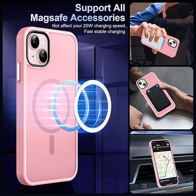 MOCCA Strong Magnetic for iPhone 13 Case, [Compatible with Magsafe][Screen Protector+Camera Lens Protector] Translucent Matte Back Slim Shockproof Case for iPhone 13 Phone Case 6.1", Pink