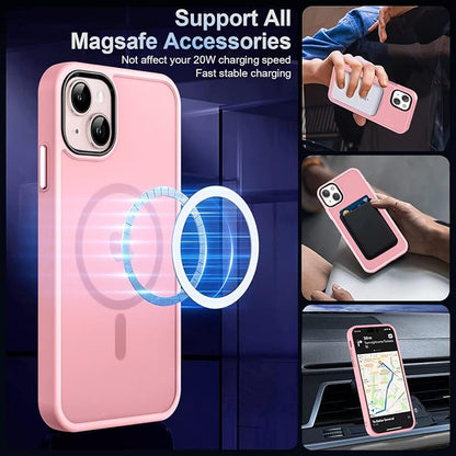 MOCCA Strong Magnetic for iPhone 13 Case, [Compatible with Magsafe][Screen Protector+Camera Lens Protector] Translucent Matte Back Slim Shockproof Case for iPhone 13 Phone Case 6.1", Pink