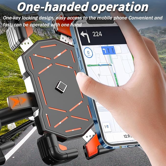 AUCELI Motorcycle Phone Mount, ABS Quick Release Bike Phone Holder for 4.7''-7.2'' Phones, Anti Shake with 360 Rotatable Phone Clip, Handlebar Clamp (Orange)