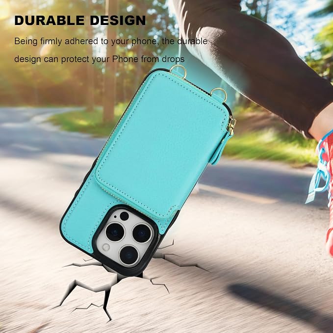 Bocasal RFID Blocking Wallet Case for iPhone 16 Pro, Adjustable Crossbody Zipper Purse Case Card Holder with Kickstand Detachable Wrist Strap, PU Leather Flip Folio Case 6.3 Inch 5G (Mint Green)