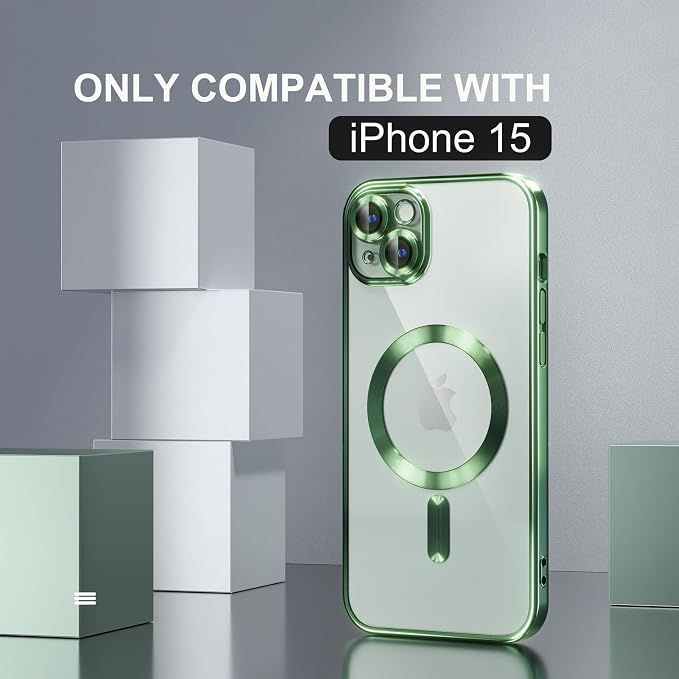 Misea Magnetic for iPhone 15 Case Compatible with MagSafe [Never Yellowing] [Military Grade Drop Protection] Full Camera Lens Protector Plating Soft Clear Phone Case for Women, Green