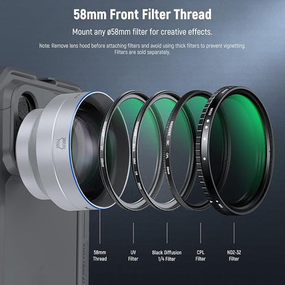 NEEWER 65mm HD Telephoto Phone Camera Lens with Hood (Silver), 1.7X Zoom Lens Attachment for 17mm Thread Backplate, Phone Cage & Case Compatible with iPhone Android, LS-66