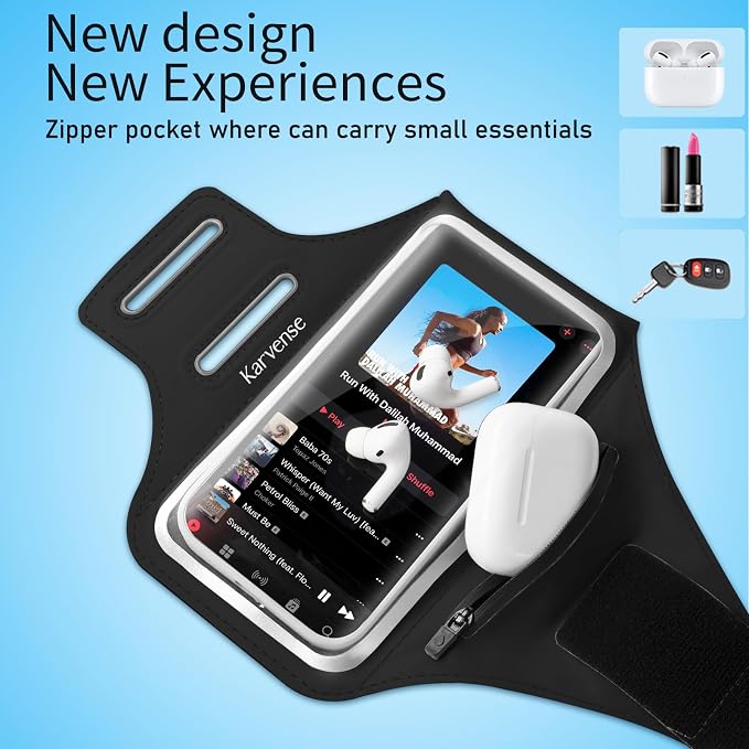 Phone Holder for Running-Arm Band for Running for iPhone & Samsung Galaxy, Cell Phone Armband Holder for Walking, Gym, Workout, Men, Women, w/Adjustable Strap & Zipper Pocket (Black-M)