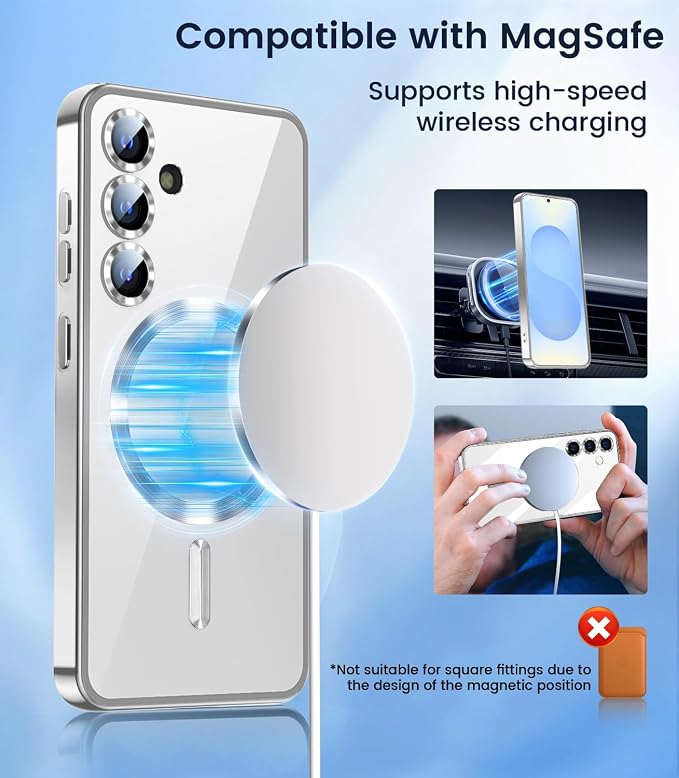 Slim Thin for Samsung Galaxy S25 Case 6.2'', Compatible with MagSafe, Built-in Camera Lens Protector, Shockproof Protective Phone Case, Soft Electroplated Clear Phone Cover, Silver