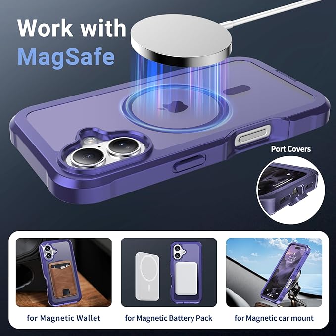 jaroco Magnetic for iPhone 16 Case, [Compatible with MagSafe][Military Grade Drop Protection][Heavy Duty Protection][Non-Slip][Shockproof] 2-Layer Durable Bumper Phone Case 6.1''-Dark Purple