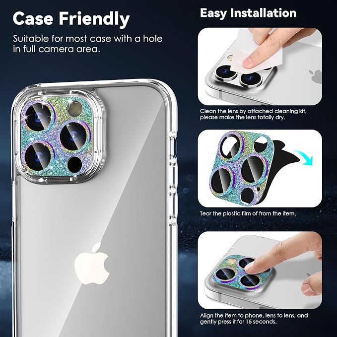 CloudValley Glitter Camera Lens Protector for iPhone 14 Pro / 14 Pro Max, 9H Tempered Glass [All in 1 Design], Case Friendly Anti-Scatch High Definition, GlitterColorful