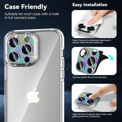 CloudValley Glitter Camera Lens Protector for iPhone 14 Pro / 14 Pro Max, 9H Tempered Glass [All in 1 Design], Case Friendly Anti-Scatch High Definition, GlitterColorful