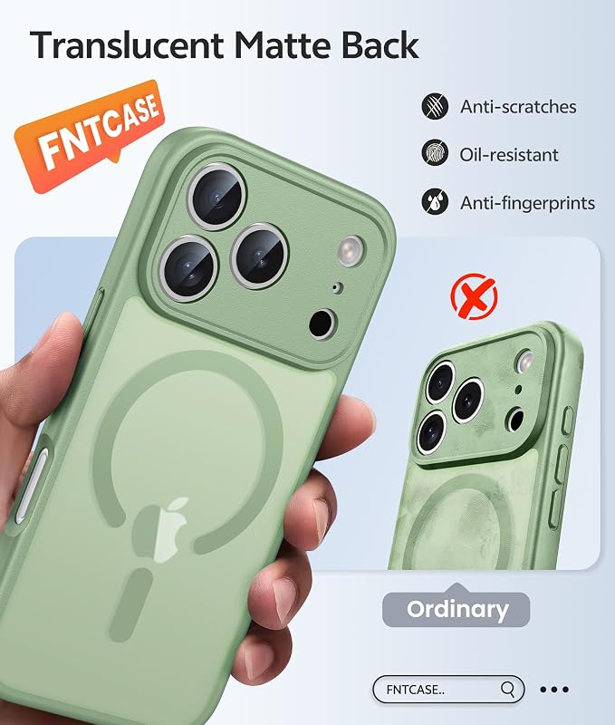 FNTCASE for iPhone 17 Pro Max Case: [Compatible with Magsafe] Translucent Matte Cases with [Full Camera Protection] [Screen Protector] Military Grade Shockproof Protective Phone Cover - Light Moss
