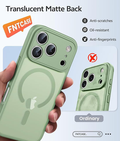 FNTCASE for iPhone 17 Pro Max Case: [Compatible with Magsafe] Translucent Matte Cases with [Full Camera Protection] [Screen Protector] Military Grade Shockproof Protective Phone Cover - Light Moss
