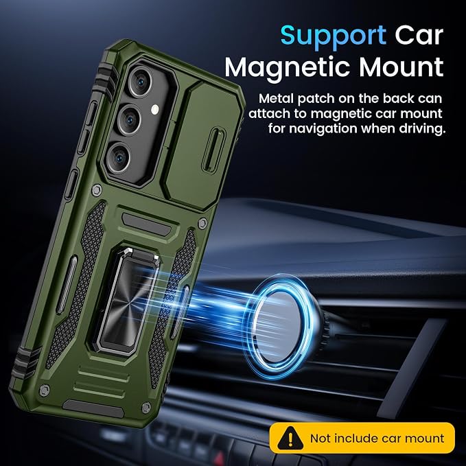 Caka for Samsung Galaxy S24 FE Case [HD Screen Protector] [Full Camera Lens Cover] [360°Rotated Kickstand Ring] [Heavy Duty Protection] Hard Rugged Protective Phone Cover for S24 FE - Olive Gren