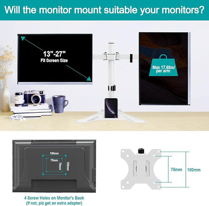 MOUNT PRO Dual Monitor Stand, Free-Standing Full Motion Monitor Desk Mount Fits 2 Screens up to 27 inches,17.6lbs with Height Adjustable, Swivel, Tilt, Rotation, VESA 75x75 100x100,White