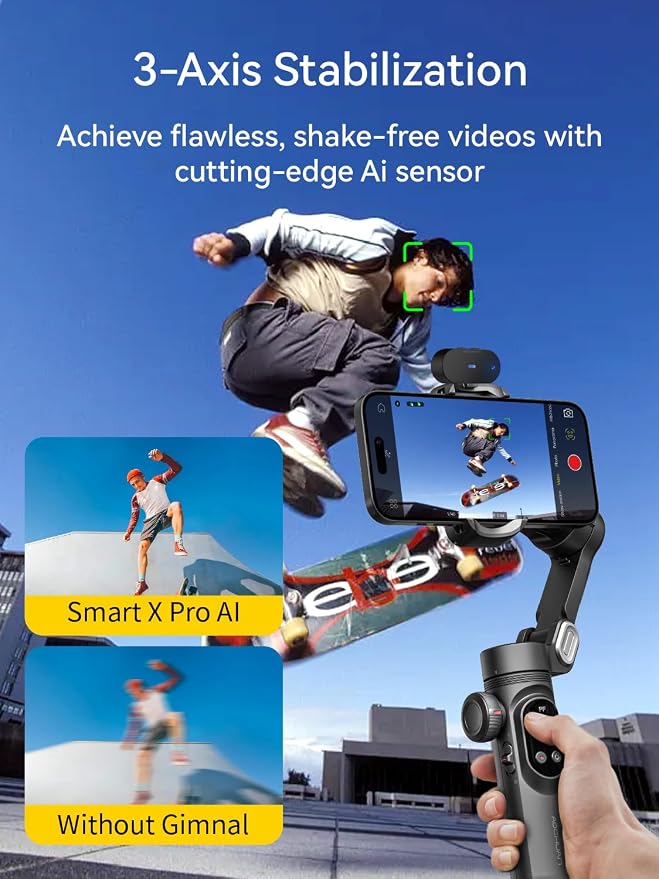 AOCHUAN Gimbal Stabilizer for iPhone with AI Vision Sensor for Face Tracking, 3-Axis Phone Gimbal w/OLED Display for Vlog Recording, Compatible with iPhone/Android-Smart XPro AI Black