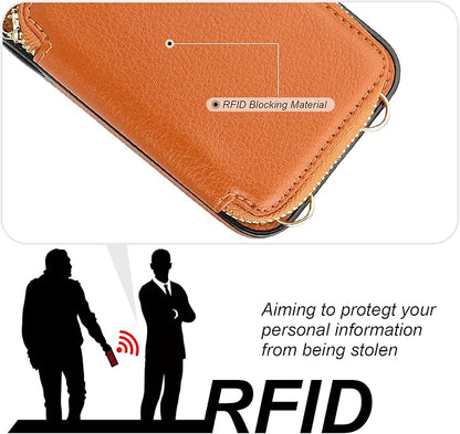 Bocasal RFID Blocking Wallet Case for iPhone 17, Adjustable Crossbody Zipper Purse Case Card Holder with Kickstand Detachable Wrist Strap, PU Leather Flip Folio Case 6.3 Inch 5G (Brown)
