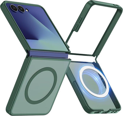 Pilaru for Samsung Galaxy Z Flip 7 case [Compatible with Magsafe] Translucent Matte Magnetic Phone Case,Slim Thin Duty Shockproof Protection Cover with 2pc HD Screen Protector-Dark Green
