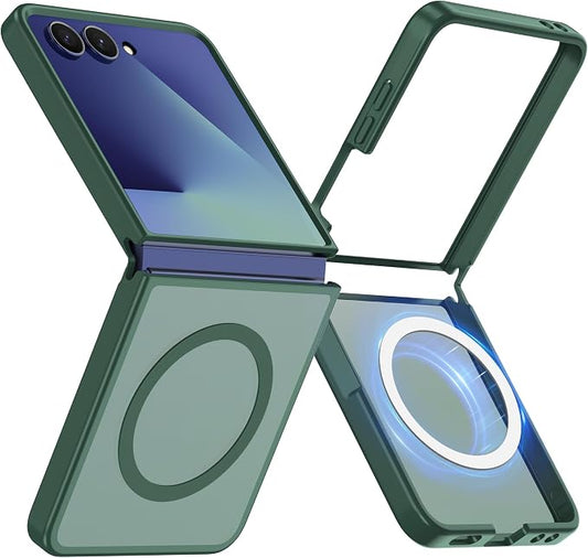 Pilaru for Samsung Galaxy Z Flip 7 case [Compatible with Magsafe] Translucent Matte Magnetic Phone Case,Slim Thin Duty Shockproof Protection Cover with 2pc HD Screen Protector-Dark Green