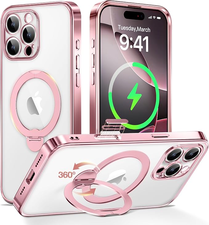 GolbinBox for iPhone 16 Pro Case with 360° Spin Magnetic Stand,[Compatible with Magsafe] [Military Protection][Built-in Ring Holder] Camera Control Phone Case for 16 Pro,Pink/Clear