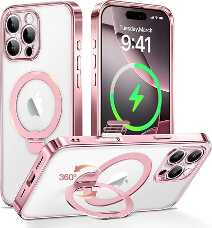 GolbinBox for iPhone 16 Pro Case with 360° Spin Magnetic Stand,[Compatible with Magsafe] [Military Protection][Built-in Ring Holder] Camera Control Phone Case for 16 Pro,Pink/Clear