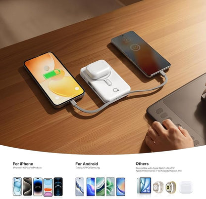 Q Magnetic Wireless Portable Charger 10,000mAh, Travel Essentials Power Bank with Built-in Cables & Foldable Stand, External Battery Pack Compatible with iPhone 17/16/15/14/13/12, Apple Watch
