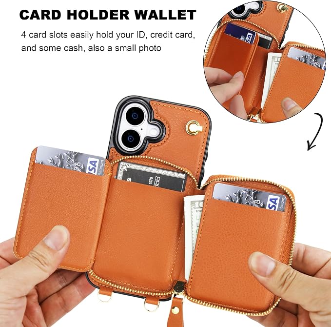 Bocasal for MagSafe Crossbody Wallet Case Compatible with iPhone 17, RFID Blocking Protective Purse Case with Card Slots Holder Kickstand Wrist Strap Lanyard Zipper 6.3 Inch 5G (Brown)