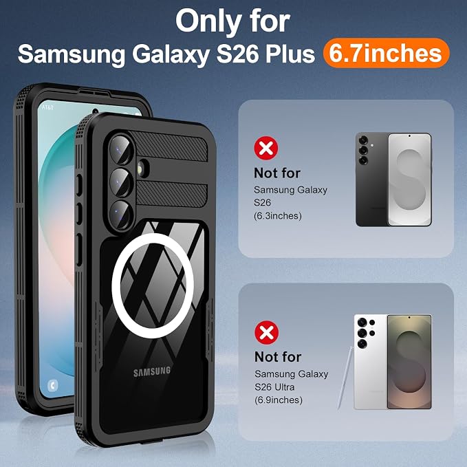 GOLDJU for Samsung Galaxy S26 Plus Case Waterproof, S26 Plus Case with Built-in Screen & Lens Protector, Shockproof Full Body Protection Phone Case, Compatible with MagSafe/Wireless Charging, Black