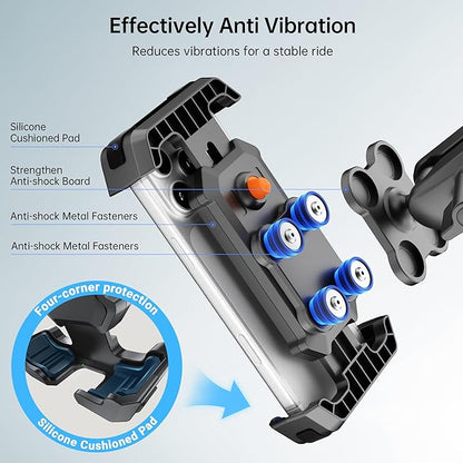 Motorcycle Phone Mount with Vibration Dampener & Security Lock, 720° Adjustable Bike Phone Holder Handlebar, Anti-Theft Motorcycle Phone Holder for iPhone 17/16/15/14/13 Series, 4.5-6.8" Phones