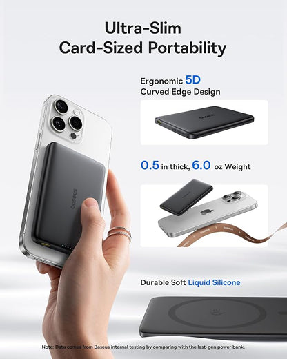 Baseus Picogo Magsafe Portable Charger, Qi2 15W 0.5" Ultra Slim 10000mAh Wireless Power Bank, 27W Fast Charging Magnetic Battery Pack with USB-C for iPhone 17 Pro Max/17 Pro/Air/16/15/14/13/12