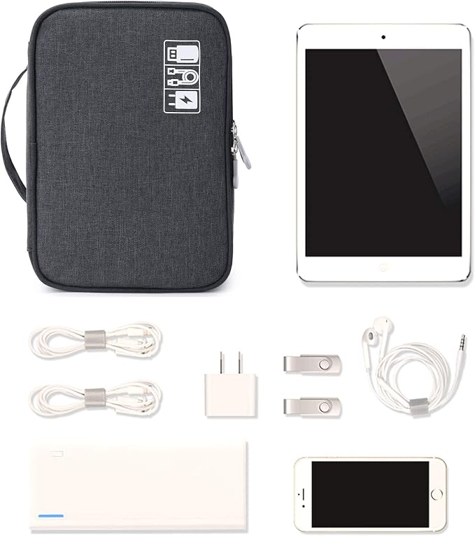 mygreen Electronic Accessories Organizer Bag, Waterproof Double Layer Travel Storage Case with Adjustable Padded Dividers, Portable Hard Pouch for Cables, Charger, Power Bank, Phone, Hard Drive Black