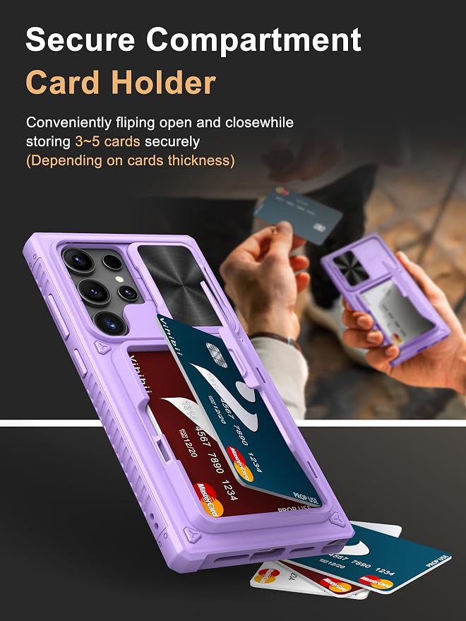 Vihibii for Samsung Galaxy S23 Ultra Case Wallet, Built-in Card Holder, Slide Camera Cover & Stand, Raised Edges Protect Screen & Military Grade Drop Protection Case for Galaxy S23 Ultra, Light Purple