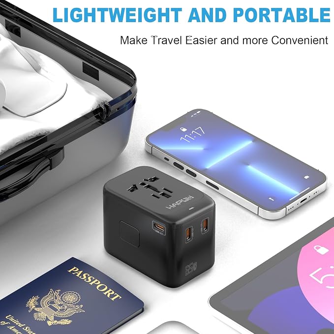 HAPOW Universal Travel Adapter, GaN 65W International Power Adapter, 3 USB-C & 1 USB-A Fast Charging Travel Charger, All in One Worldwide Travel Plug Adapter, Outlet Adapter for Europe UK USA AU
