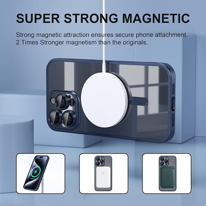 Misea Magnetic for iPhone 15 Pro Max Case [Never Yellowing] [Military Grade Drop Protection] Full Camera Lens Protector Soft Clear Phone Case for Women Girls, Titanium Blue