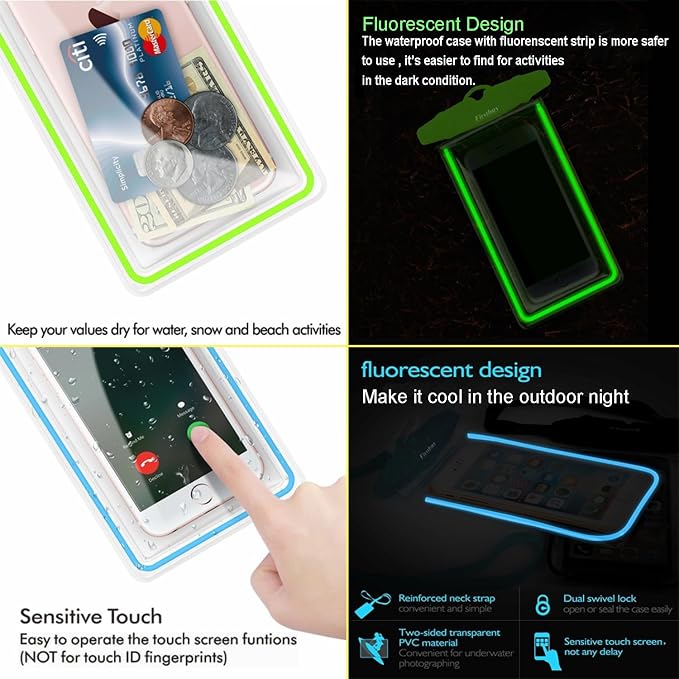 Universal Waterproof Phone Pouch, 4 Pack Waterproof Phone Case Dry Bag with Neck Strap Luminous Ornament for Water Games Cruise Essentials for iPhone 17 16 15 13 Pro Max Plus Galaxy Google up to 7.5"