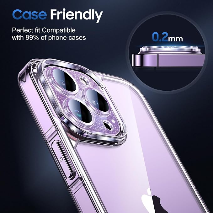 UniqueMe 3 Packs Compatible for iPhone 14 Pro Max/iPhone 14 Pro Camera Lens Protector Acrylic [Not Glass],[Case Friendly][Scratch-Resistant][Night Shooting Mode]-Glitter Purple