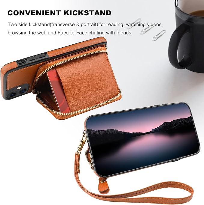 Bocasal RFID Blocking Wallet Case for iPhone 11, Adjustable Crossbody Zipper Purse Case Card Holder with Kickstand Detachable Wrist Strap, PU Leather Flip Folio Case 6.1 Inch (Brown)