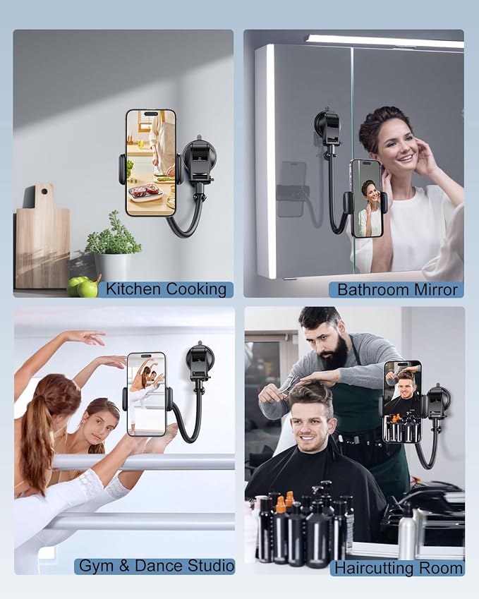 Long Arm Vacuum Suction Cup Shower Phone Holder Clip, Mirror Phone Mount For Bathroom Stick On Wall Makeup Mirror Kitchen Window Bathroom Phone Stand Fit For iPhone 16 15 14 13 12 & Cell Phones