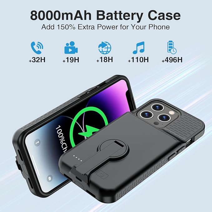 GIN FOXI Battery Case for iPhone 14 Pro Max/14 Plus/13 Pro Max/12 Pro Max, Rechargable Charging Case with Stand 8000mAh Portable Extended Case Cover for 14 Pro Max,14Plus,13/12Pro Max Black