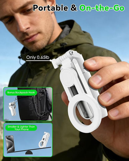 CloudValley Magnetic 4-in-1 Multifunctional Selfie Stick Tripod, Mini Portable Pocket Phone Stand with Detachable Remote, Compatible with MagSafe, for iPhone/Android, Travel Vlog, Live Stream, White
