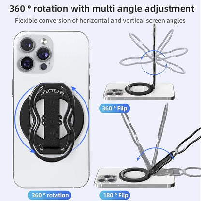 RESPECTED-BRO-Magnetic-Phone-Grip-Stand-with-Finger-Strap, 4-in-1 Magnetic Ring Holder, Kickstand and Elastic Strap for Phones, Universal Fit for iPhone 17/16/15/14/13/12, Android, and Cases (Black)