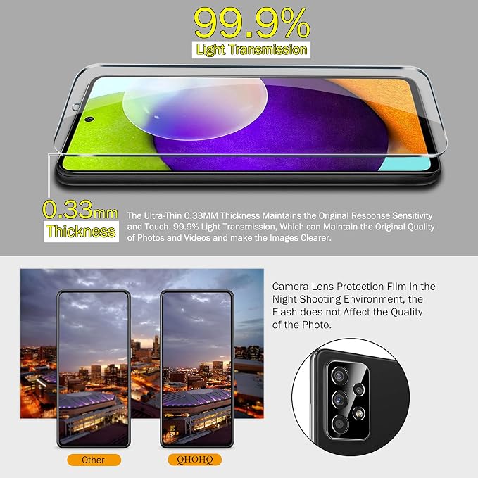 QHOHQ 3 Pack Screen Protector for Samsung Galaxy A52 4G/5G with 3 Packs Camera Lens Protector,Tempered Glass Film,9H Hardness - HD - Anti-Scratch - 2.5D Edge - Anti-Fingerprint - Easy Installation