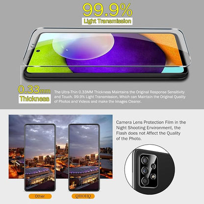 QHOHQ 3 Pack Screen Protector for Samsung Galaxy A52 4G/5G with 3 Packs Camera Lens Protector,Tempered Glass Film,9H Hardness - HD - Anti-Scratch - 2.5D Edge - Anti-Fingerprint - Easy Installation