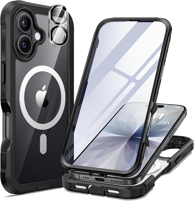 seacosmo for iPhone 17 Case, Full Body Bumper with Built-in 9H Tempered Glass Screen and Camera Lens Protector, Compatible with MagSafe, Shockproof 17 Phone Case, 6.3", Black