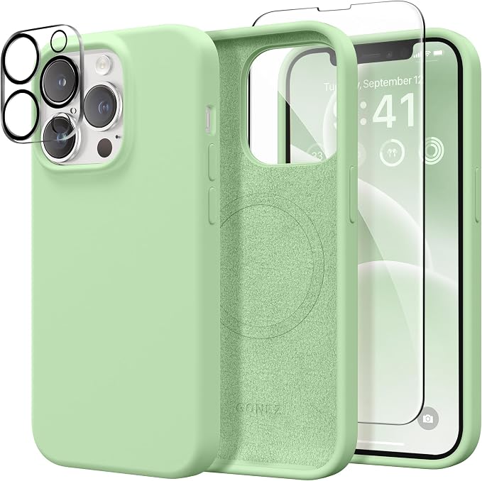 GONEZ Magnetic for iPhone 13 Pro Max Case, Compatible with MagSafe, [Screen Protector + Camera Lens Protector], Silicone Shockproof Anti-Scratch Protective Phone Case 6.7 inch, Green