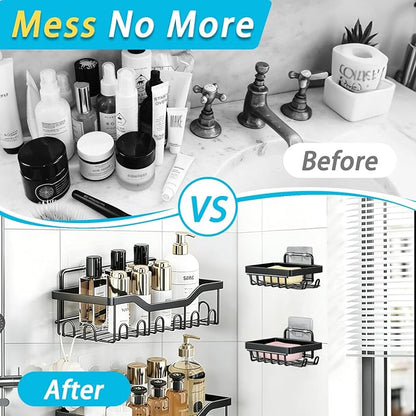 Fammart Adhesive Shower Caddy, 5-Pack Rustproof Stainless Steel Bathroom Organizer with 28 Hooks, No-Drill Large Capacity Shower Shelves for Bathroom Storage & Home Décor, Black