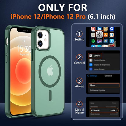 Pilaru for iPhone 12 Case & iPhone 12 Pro Case [Compatible with Magsafe] Translucent Matte Magnetic Case with Screen Protector,SlimThin Shockproof Protection Case for iPhone 12 & 12 Pro-Dark Green