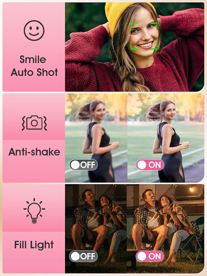 Digital Camera,Autofocus 4K Vlogging Camera for Photography with 32GB Card,48MP Portable Compact Point and Shoot Digital Camera for Teens Adult Beginner with 16X Zoom,Anti-Shake,2 Batteries(Pink)