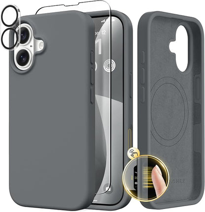 GONEZ Magnetic for iPhone 17 Case, Compatible with MagSafe, [Screen Protector + Camera Lens Protector], Liquid Silicone Anti-Scratch Shockproof Protective Phone Case 6.3 inch, Dark Grey