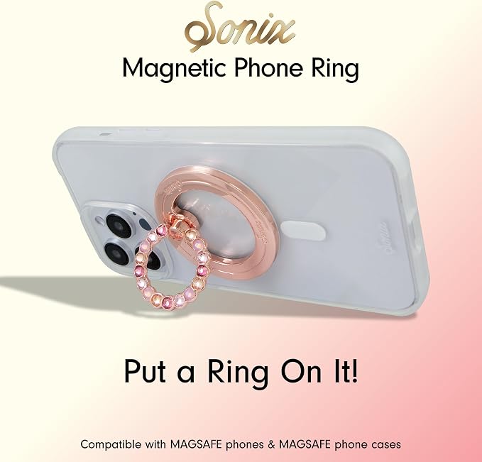 Sonix Magnetic Phone Grip and Phone Ring Holder - Compatible with MagSafe - Rotatable Kickstand and Phone Holder for iPhone 16, 15, 14, 13, 12 Series - Rose Gold/Multi Rhinestone
