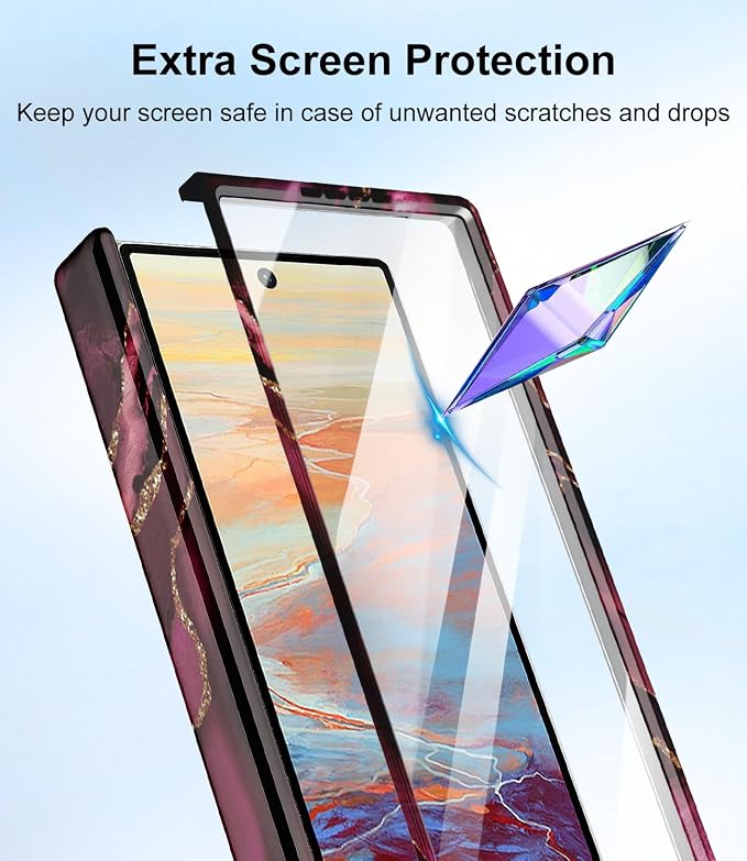 Btscase for Samsung Galaxy Z Fold 6 Case,Built in Front Screen Protector,Gold Glitter Marble Pattern Hard PC Slim Shockproof Full Body Drop Protective Case for Galaxy Z Fold 6 5G, Wine Red
