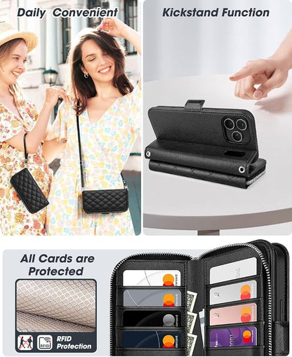 OCASE for iPhone 17 Pro Max Crossbody Wallet Case - Stylish PU Leather Handbag Phone Purse with Zipper Closure, Card Slots & RFID Blocking - Wrist Strap, Lanyard, Kickstand - Diamond Check Black