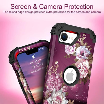 Hocase for iPhone 17e/iPhone 16e Case, Heavy Duty Shockproof Protection Hard Plastic+Silicone Rubber Hybrid Protective Phone Case for iPhone 17e/16e 6.1" - Royal Purple Flowers