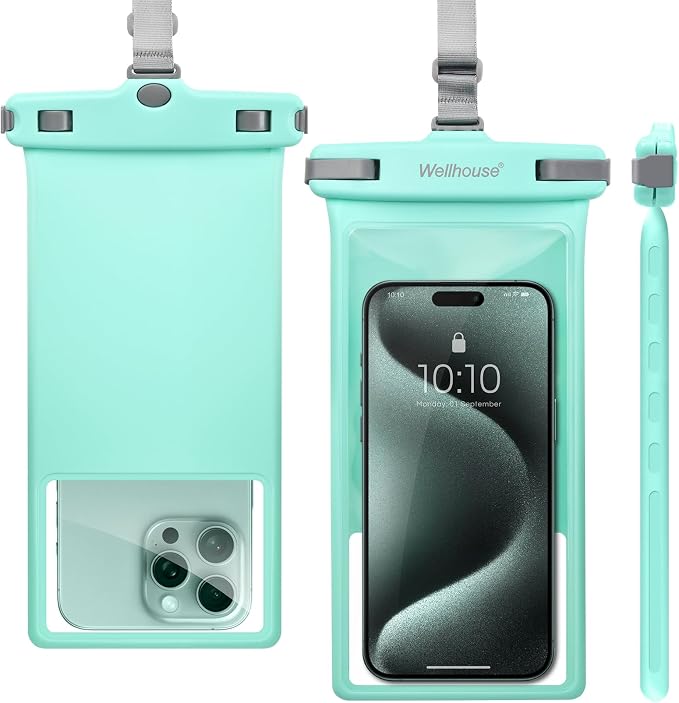wellhouse Waterproof Phone Pouch, Waterproof Phone Case for iPhone 17 16 15 14 13 Pro Max XS Samsung, IPX8 3D Cellphone Dry Bag Beach Essentials (1 Pack - Crystal Green8.0, 8 inch)